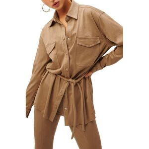 Good American Jacket Vegan Suede Belted Shacket Snap Button Brown Women Sz 2 NWT